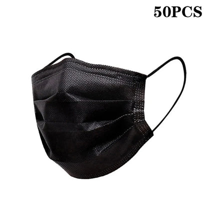Set of 50 disposable face masks with earloops in pink, blue, black, and white, featuring 3-layer meltblown non-woven breathable material.