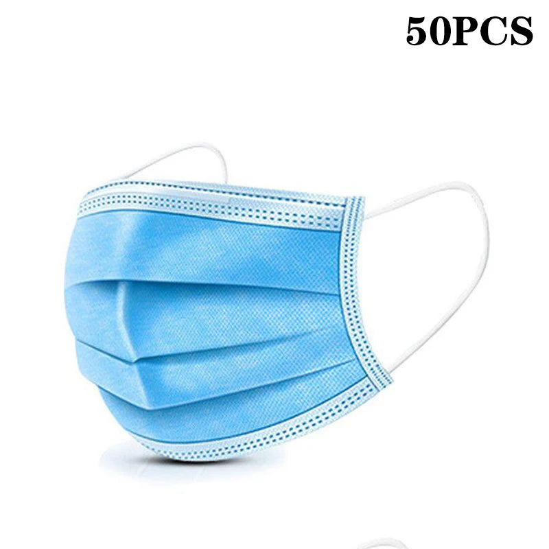 50-pack disposable face masks with earloops in pink, blue, black, and white, featuring 3-layer meltblown non-woven breathable fabric.