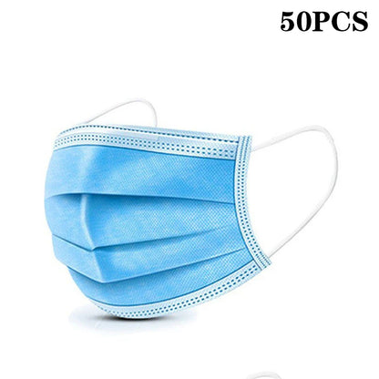 50-pack disposable face masks with earloops in pink, blue, black, and white, featuring 3-layer meltblown non-woven breathable fabric.