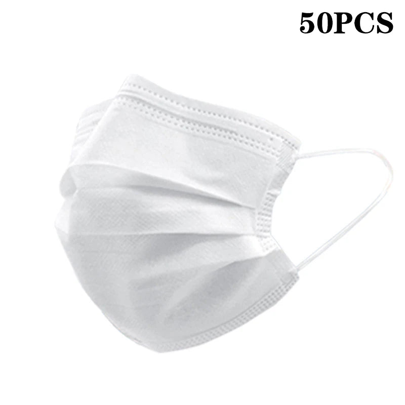 50-pack disposable face masks in pink, blue, black, and white with earloops, 3 layers, meltblown non-woven, breathable, for daily use
