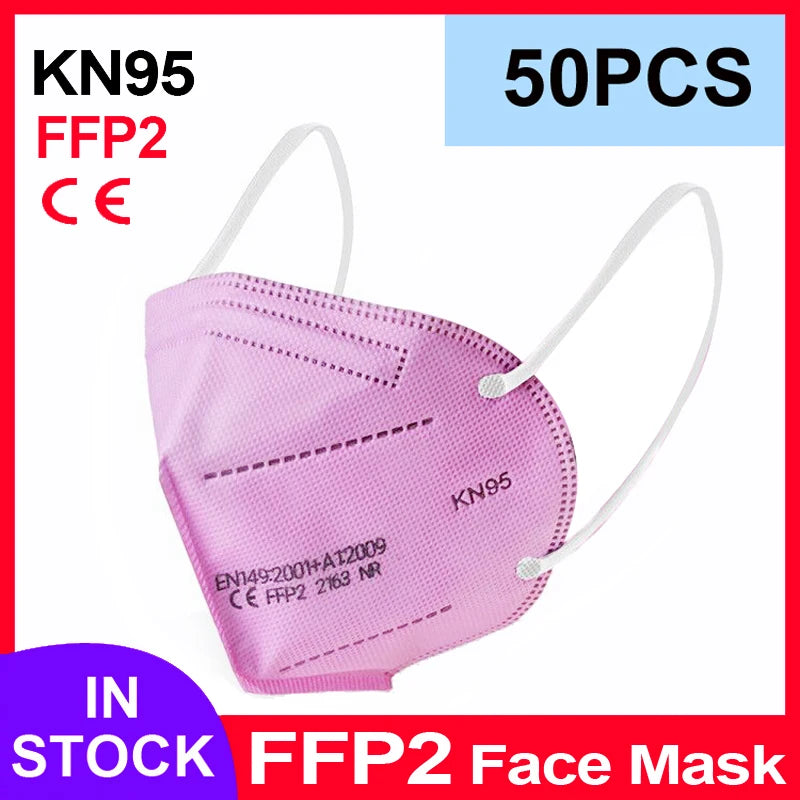 Pink 5-layer KN95 face mask filter for adults, reusable FFP2 surgical mask with CE certification.