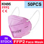 Pink 5-layer KN95 face mask filter for adults, reusable FFP2 surgical mask with CE certification.