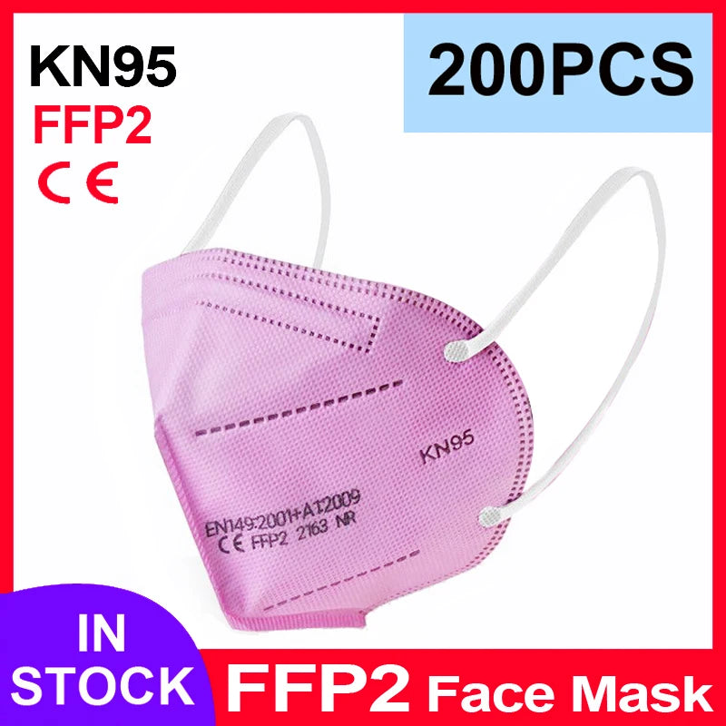 Pink 5-layer KN95 face mask filters for adults, reusable, surgical-grade FFP2 masks with CE certification, ideal for health protection.