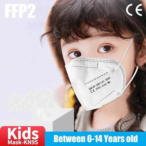Pink and navy kids FFP2 masks, CE approved, 5-layer KN95 face masks for children with colorful design and secure protection.