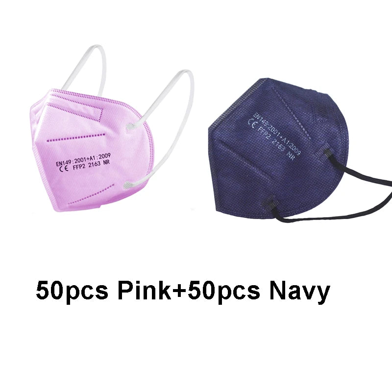 Pink and navy kids FFP2 masks, CE approved, 5-layer KN95 face masks for children with secure protection and colorful design.