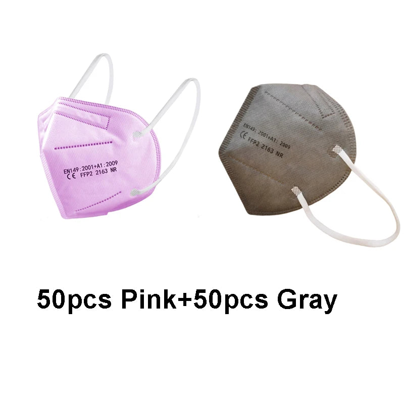 Pink and navy kids FFP2 masks with CE approval, 5-layer KN95 face masks for children, colorful safety protection masks.