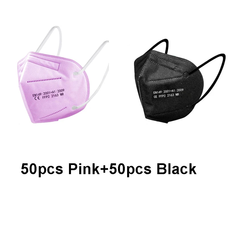 Set of 100 pink and navy kids FFP2 masks, CE approved, 5-layer KN95 face masks for children’s security and protection.
