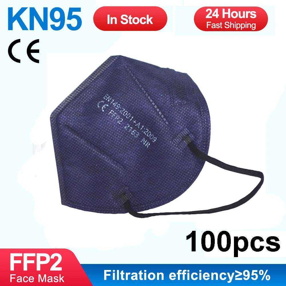 Colorful pink and navy kids' FFP2 masks with 5-layer protection, CE approved, designed for children’s security and face coverage.