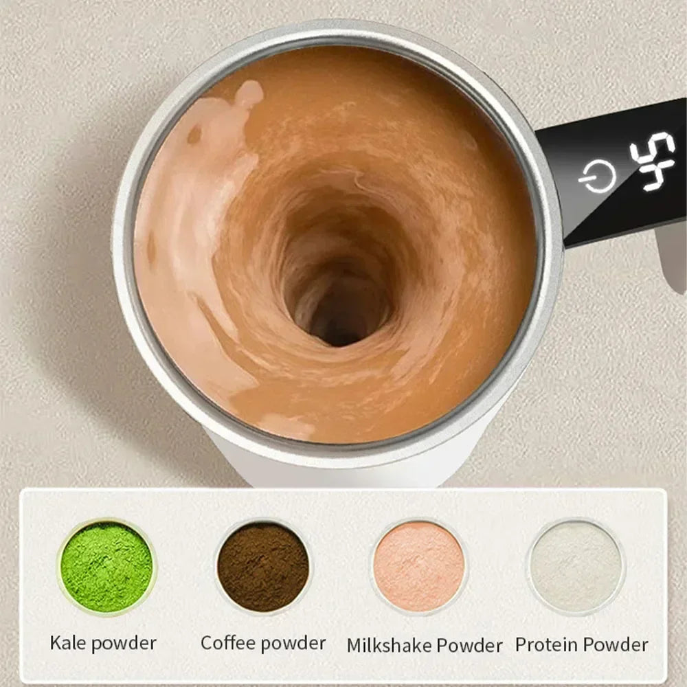 Pink automatic self-stirring magnetic mug with LCD screen, stainless steel, USB rechargeable, for coffee or milk mixing.