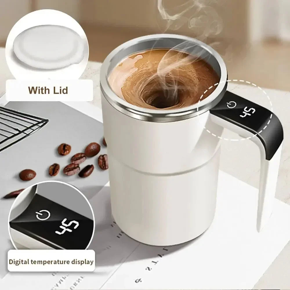 Pink automatic self-stirring magnetic mug with LCD screen, stainless steel body, USB rechargeable, ideal for coffee and milk.