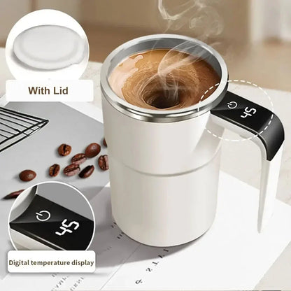 Pink automatic self-stirring magnetic mug with LCD screen, stainless steel body, USB rechargeable, ideal for coffee and milk.