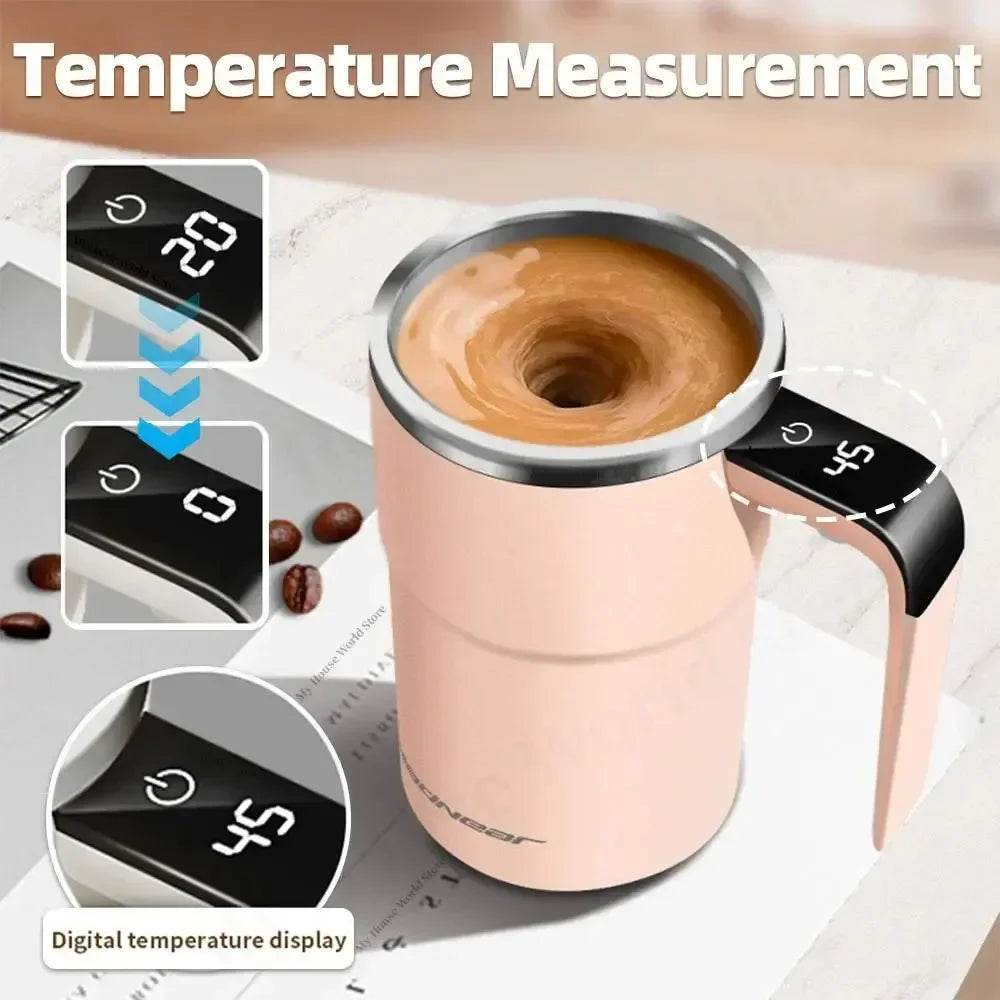 Pink stainless steel automatic self-stirring mug with LCD screen, USB rechargeable, smart thermal coffee and milk mixing cup.