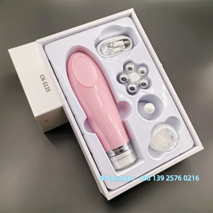 Pink BackupMyFilesNow 4-in-1 facial skin lifting device with electric silicone brush for deep cleansing and facial skincare.