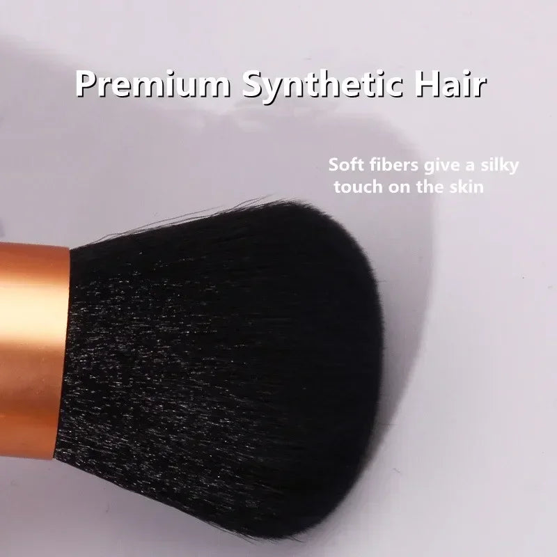 Pink gold makeup brush with round angled top, ideal for foundation, blush, concealer, contour, and highlighter blending.