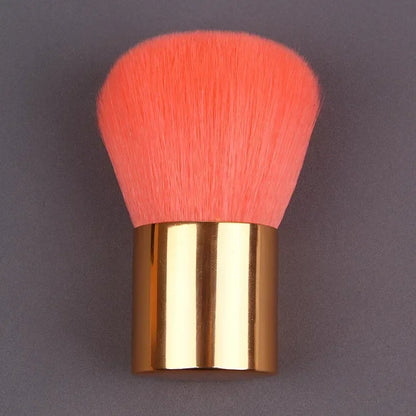 Pink and gold makeup brush with round angled top for foundation, blush, concealer, contour, and highlighting application.