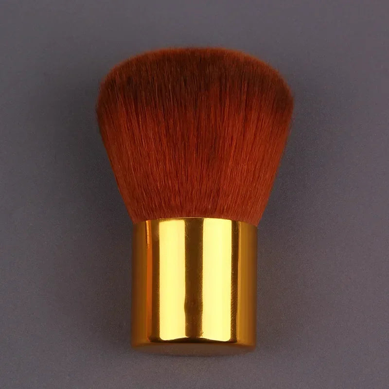 Pink gold makeup brush for foundation, blush, concealer, contour, and highlight with round angled top for blending and precise application.