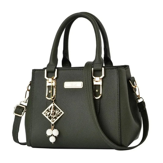 Large capacity leather handbag for women with shoulder strap, casual style, messenger design, suitable for everyday use.