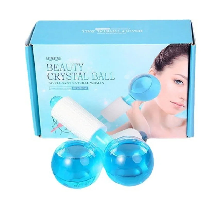 Pink crystal ice hockey beauty ball for face massage and ice therapy, made of glass for cooling and skin rejuvenation.