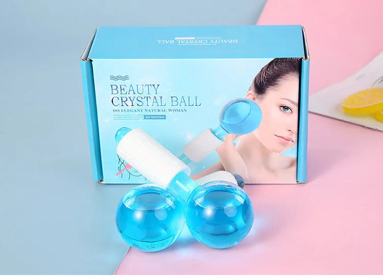 Pink crystal ice hockey beauty ball for facial massage and ice therapy, made of glass for soothing skincare routines.