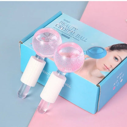 Pink crystal ice hockey beauty ball used for facial massage and ice therapy, designed for skin rejuvenation and soothing relief.