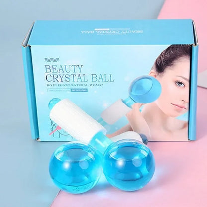 Pink crystal ice hockey beauty ball for face massage and ice therapy, made of glass for soothing skincare treatments.