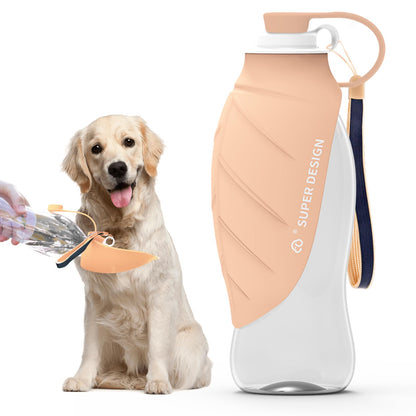 Pink SUPERDESIGN dog water bottle with large leaf water bowl, leak-proof, portable for small to large dogs, ideal for walking.