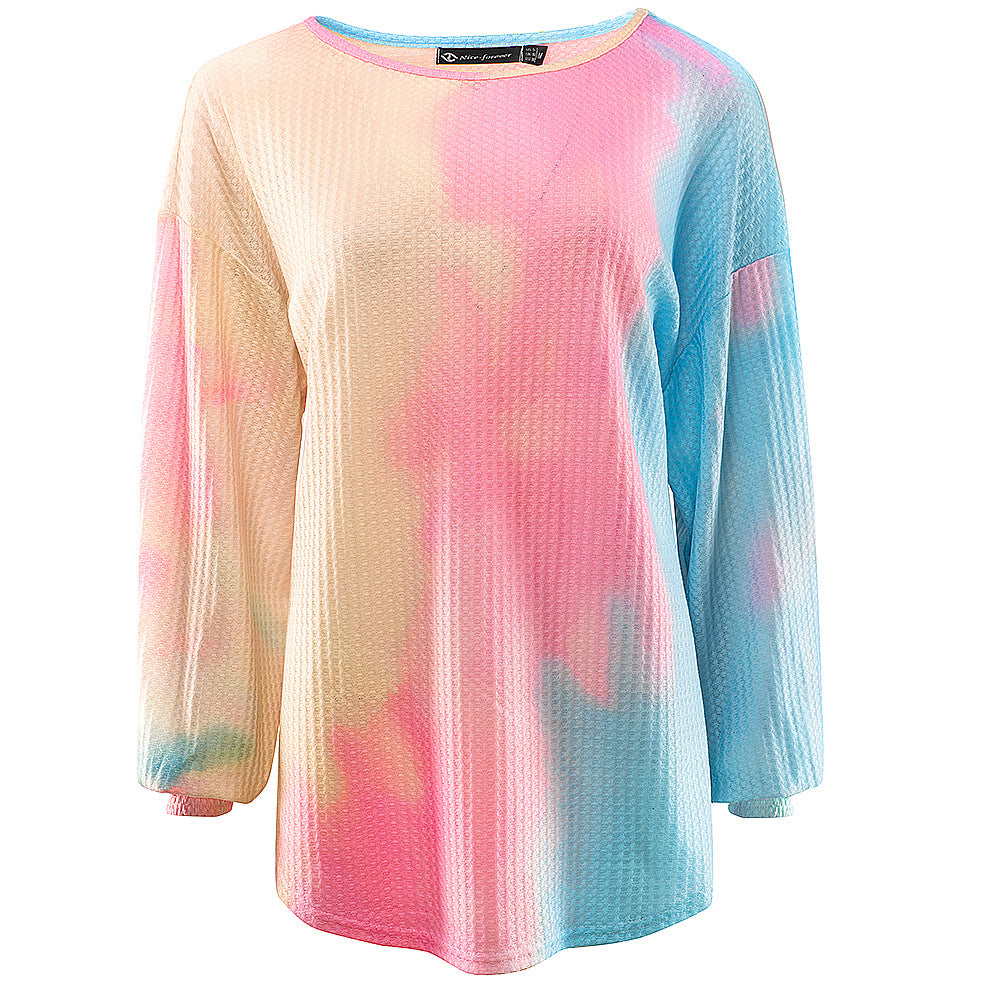 Colorful tie-dye gradient casual women's sweater from BACKUPMYFILESNOW.COM®, featuring a cozy fit and vibrant pattern.