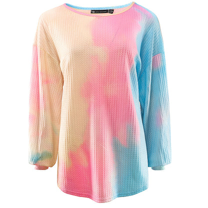Colorful tie-dye gradient casual women's sweater by BACKUPMYFILESNOW.COM® with long sleeves and a relaxed fit.