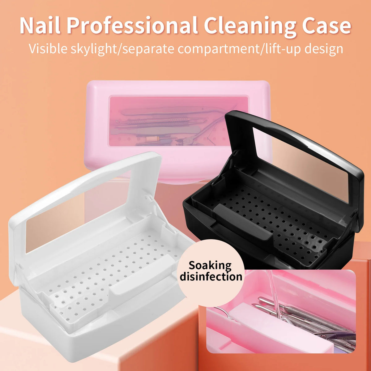 Pink manicure tools sterilizing tray with nail tools inside, disinfection box, and detachable cleaning storage for nail hygiene.