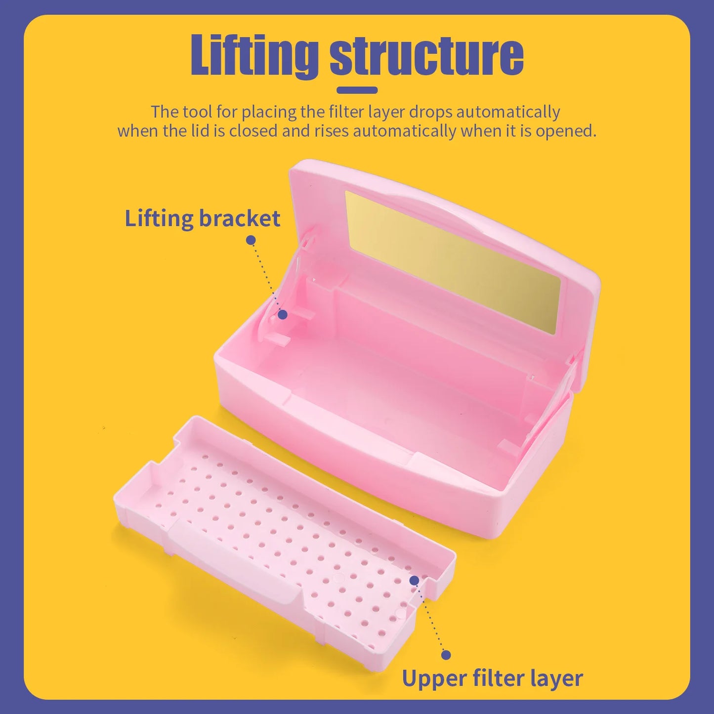 Pink manicure tools sterilizing tray with nail tools inside, disinfection box, and detachable storage for cleaning and organization.
