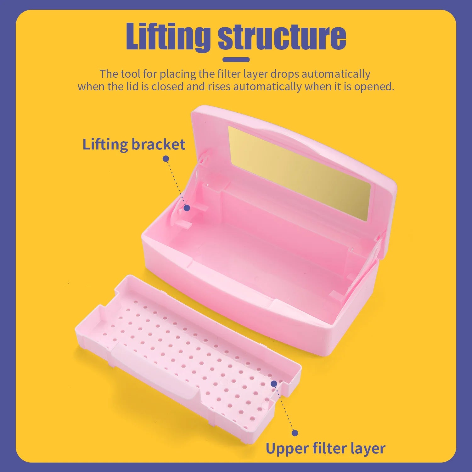 Pink manicure tools sterilizing tray with nail tools inside, disinfection box, and detachable storage for cleaning and organization.