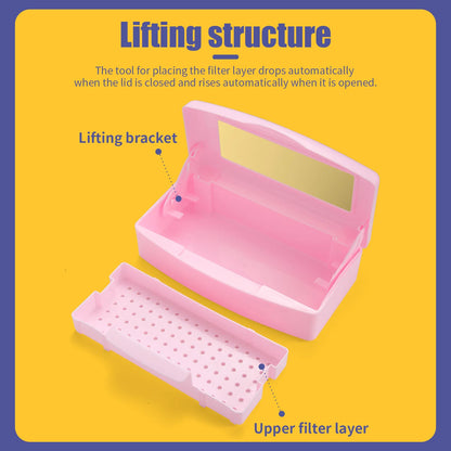 Pink manicure tools sterilizing tray with nail tools inside, disinfection box, and detachable storage for cleaning and organization.