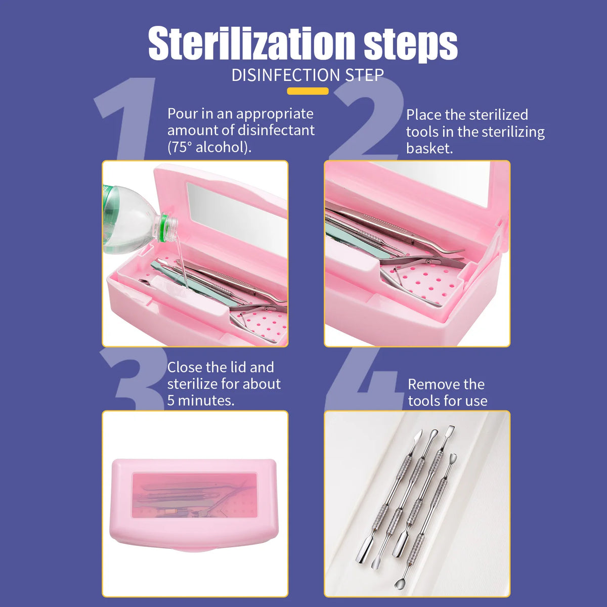 Pink sterilizing tray with manicure tools inside, disinfection box for nail tools, detachable cleaning and storage for beauty implements.