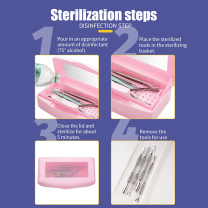 Pink sterilizing tray with manicure tools inside, disinfection box for nail tools, detachable cleaning and storage for beauty implements.