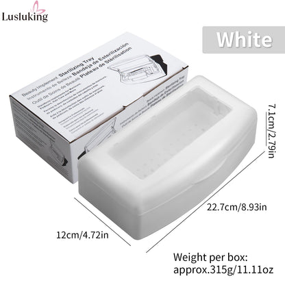 Pink sterilizing tray with manicure tools inside disinfection box, showing detachable nail tools storage and cleaning features.