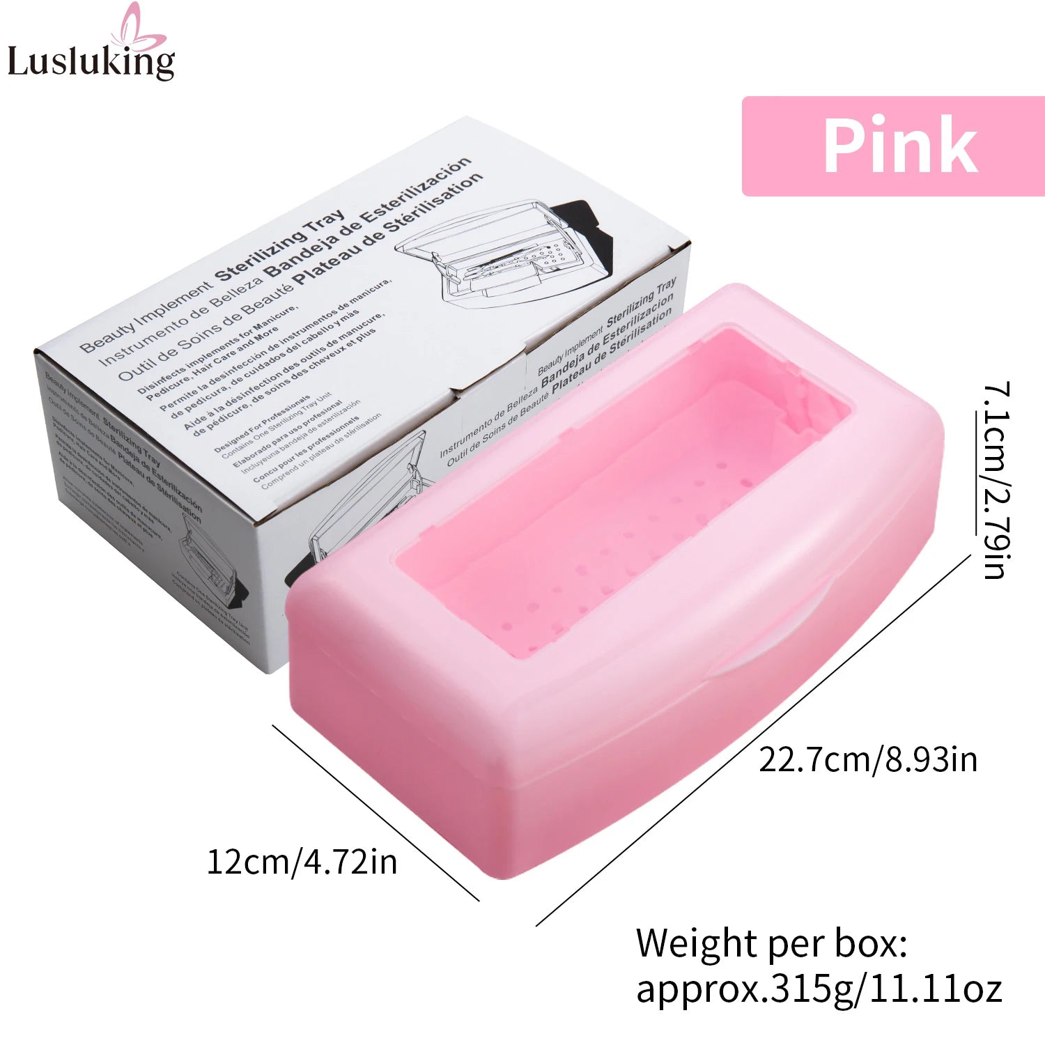Pink manicure tools sterilizing tray with nail tools inside, disinfecting and storage box for professional and at-home nail care.