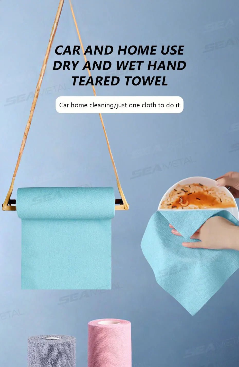 Pink SEAMETAL reusable microfiber cleaning wipe roll with 20 sheets, ideal for kitchen, car, and household cleaning tasks.