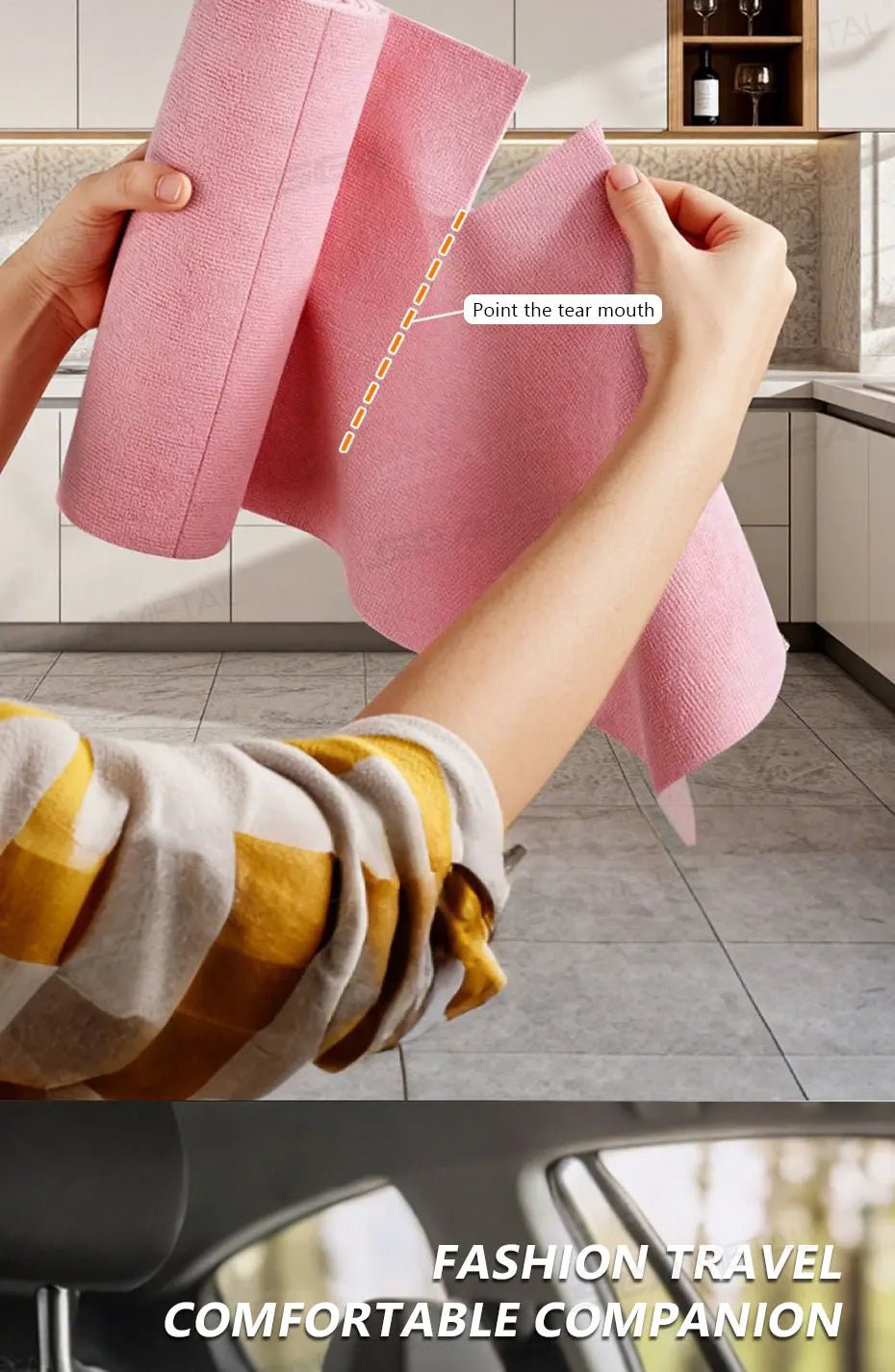 Pink SEAMETAL reusable microfiber cleaning wipe roll with 20 sheets, suitable for car, household, and kitchen cleaning tasks.