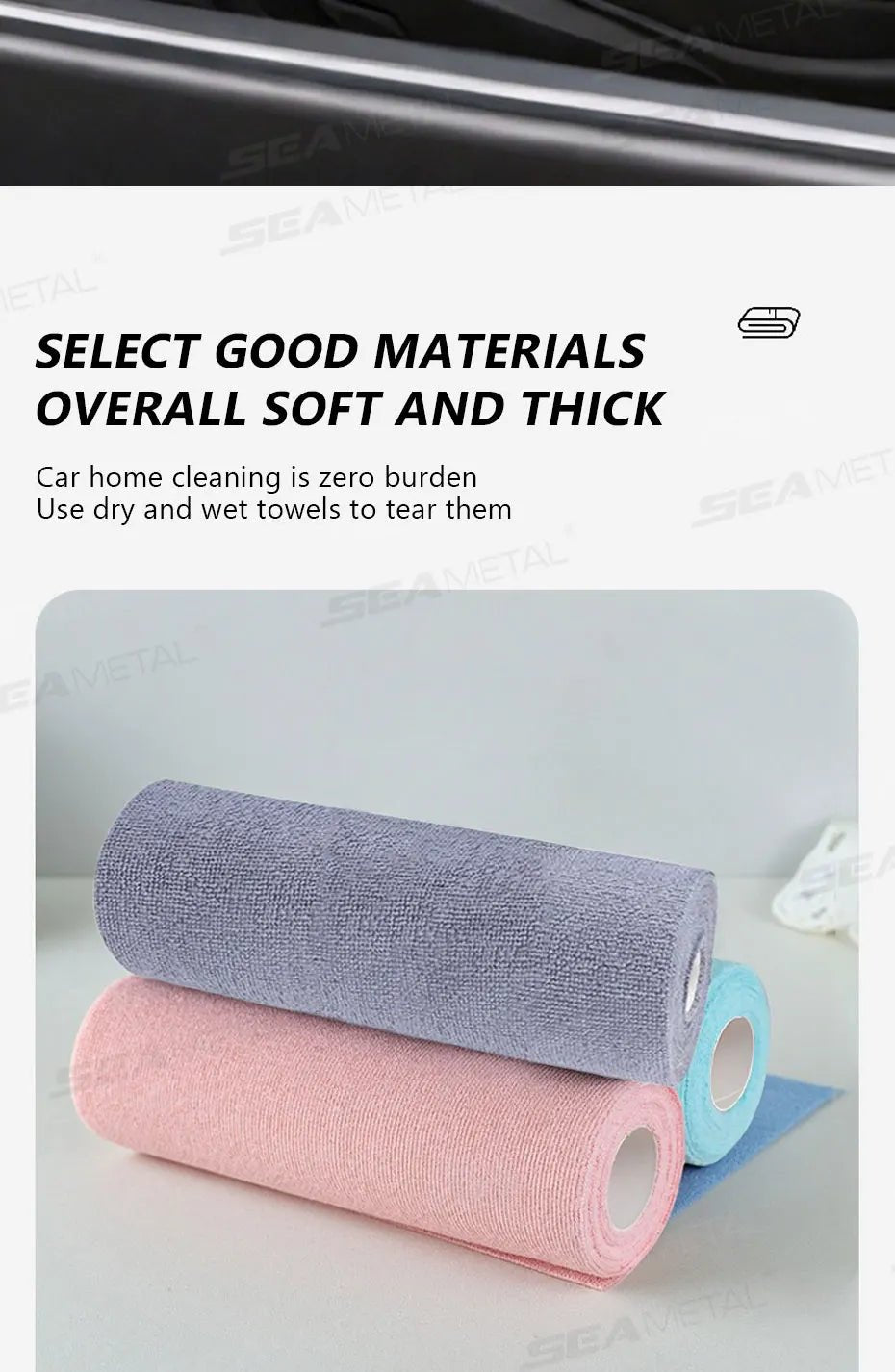 Pink SEAMETAL reusable microfiber cleaning wipe roll with 20 sheets, ideal for kitchen, car, and household cleaning tasks.