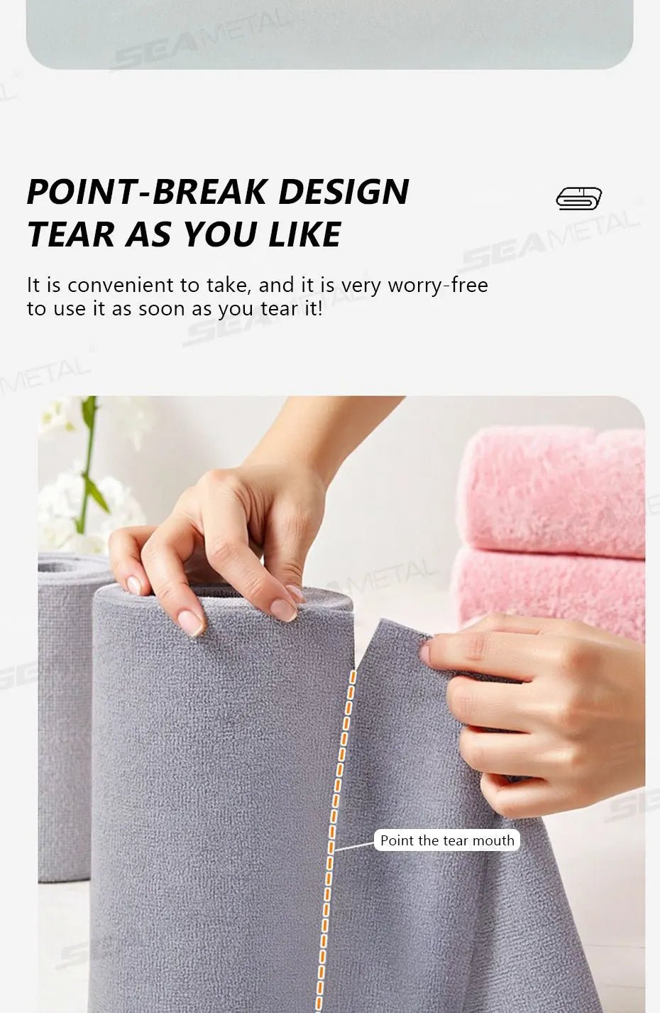 Pink SEAMETAL reusable microfiber cleaning wipe roll with 20 sheets, ideal for car, kitchen, and household cleaning tasks.