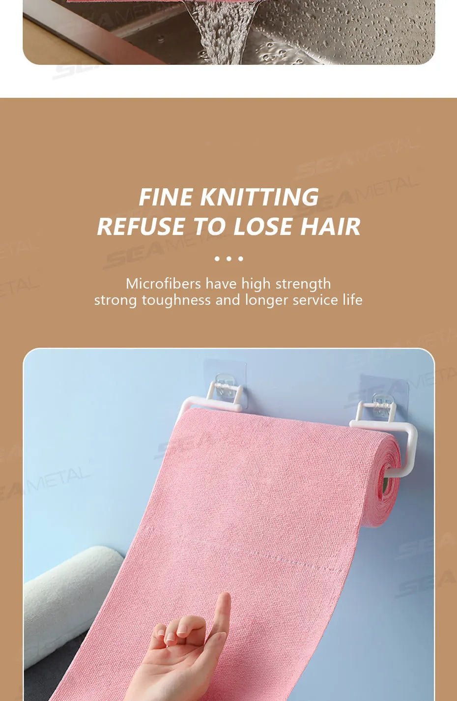Pink SEAMETAL reusable microfiber cleaning wipe roll with 20 sheets, suitable for kitchen, car, and household cleaning.