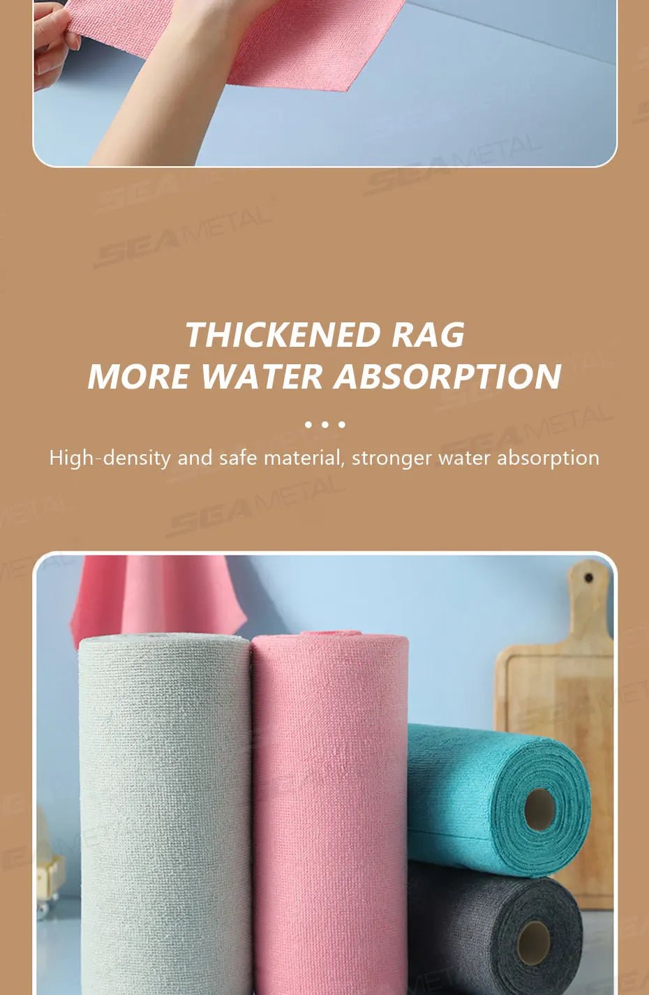 Pink SEAMETAL reusable microfiber cleaning wipe roll with 20 sheets, ideal for kitchen, car, and household cleaning tasks.