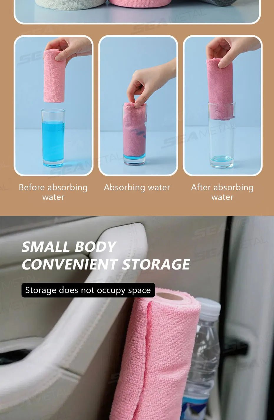 Pink SEAMETAL reusable microfiber cleaning towel roll with 20 sheets, ideal for household, kitchen, and car cleaning tasks.