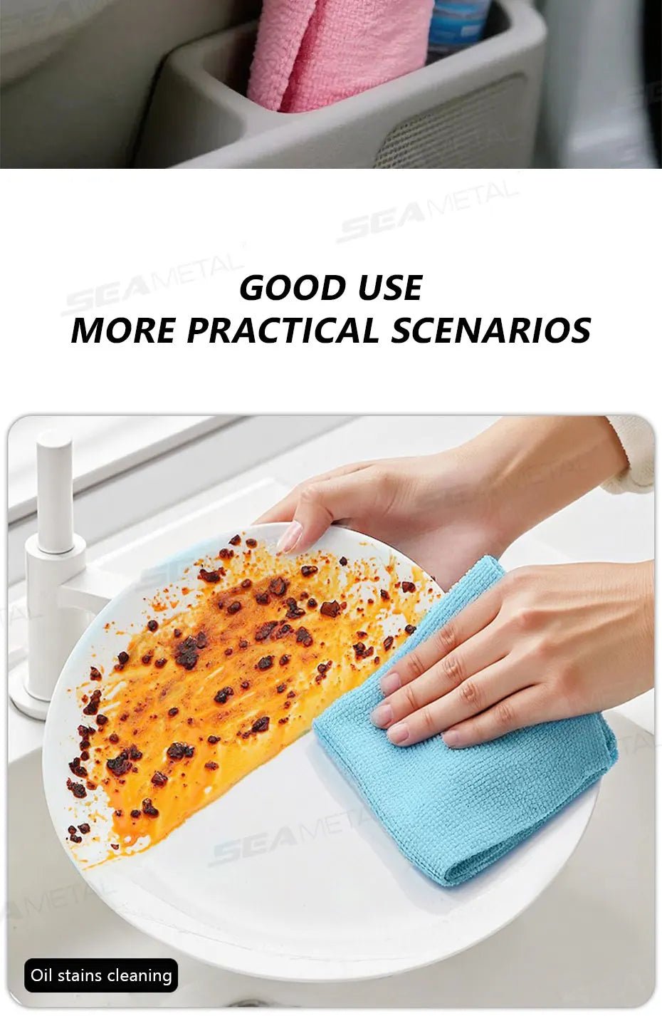 Pink SEAMETAL reusable microfiber cleaning wipe roll with 20 sheets, ideal for car, household, kitchen, and dish cleaning.