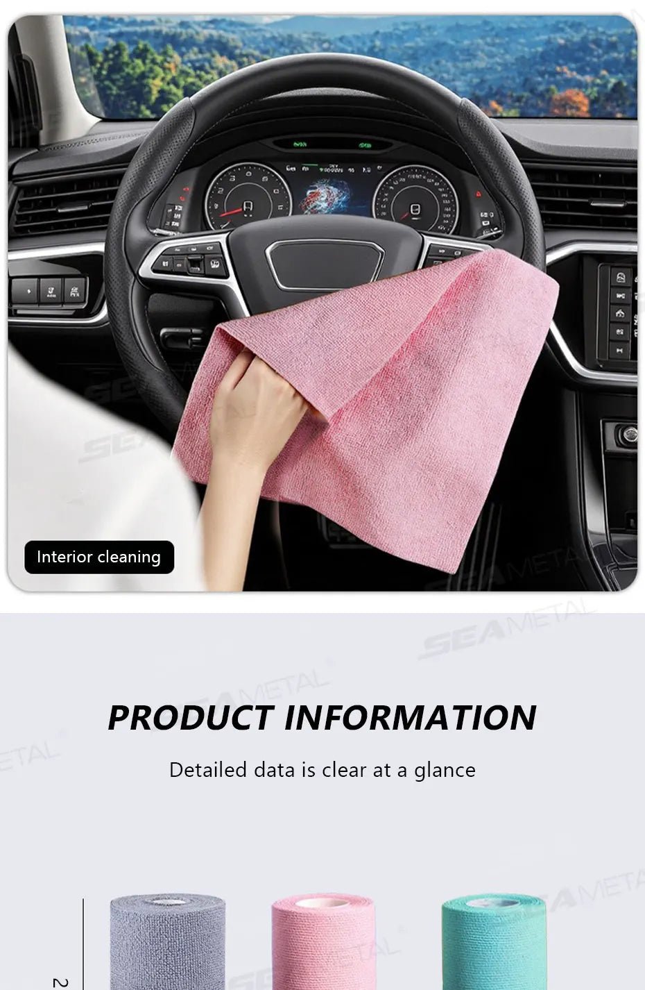 Pink SEAMETAL reusable microfiber cleaning wipe roll with 20 sheets, ideal for car, kitchen, and household cleaning tasks.