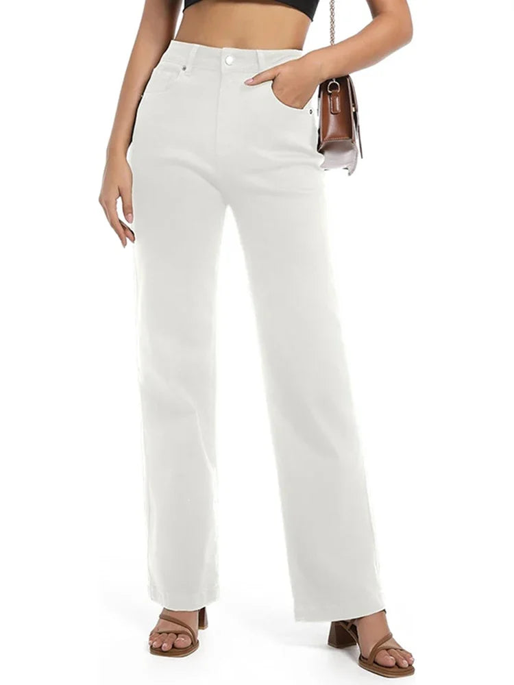 Women’s white high-waisted stretch denim jeans with straight leg fit, comfortable and stylish for casual wear.