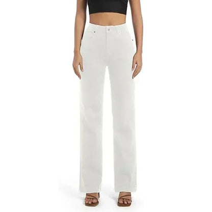 High-waisted white denim jeans for women featuring a straight leg fit, stretch fabric, and comfortable style.