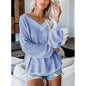 Loose V-neck knit sweater with plaid pattern, featuring a cozy design from BACKUPMYFILESNOW.COM®.