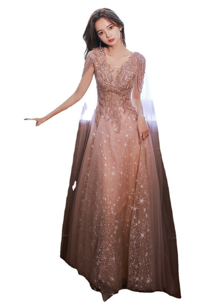 Starry Sky Dress for celebrity hosts and performers, featuring a shimmering celestial design, from BACKUPMYFILESNOW.COM®