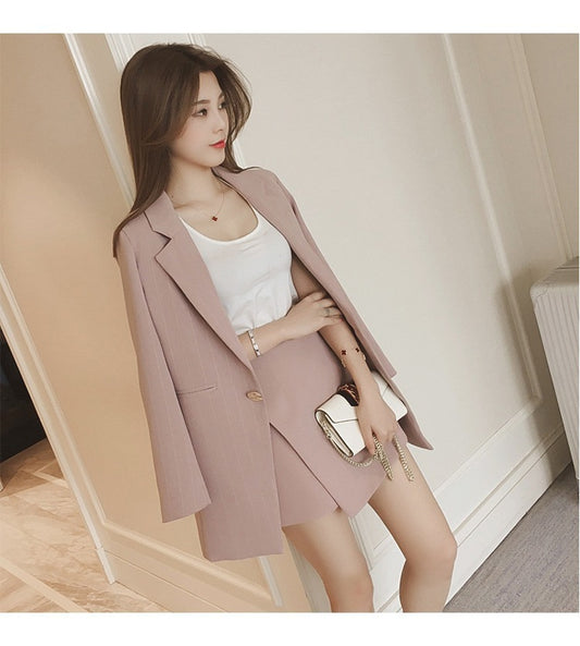 Stylish women's British casual blazer and dress set, featuring a tailored blazer and matching dress for a chic look.
